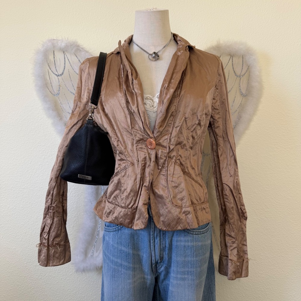 Y2K Glam Metallic Bronze Brown Crinkle Blazer Jacket Y2K Fairycore Office Siren